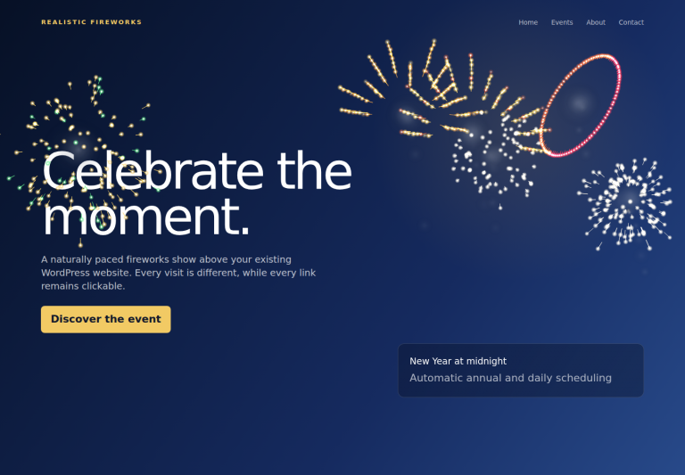 Realistisches Feuerwerk über einer WordPress-Beispielseite