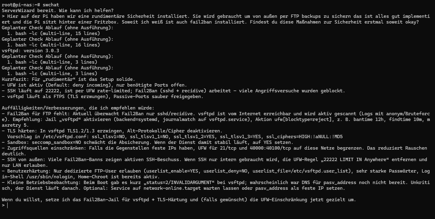 ServerWizard analysiert einen Linux-Server in der Terminalansicht