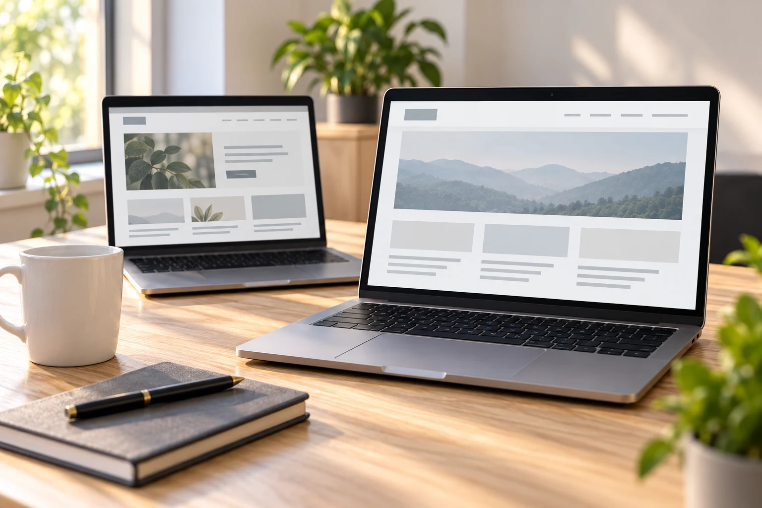 Zwei Laptops mit Website-Ansichten auf einem hellen Schreibtisch – Illustration zur Betreuung bestehender Websites